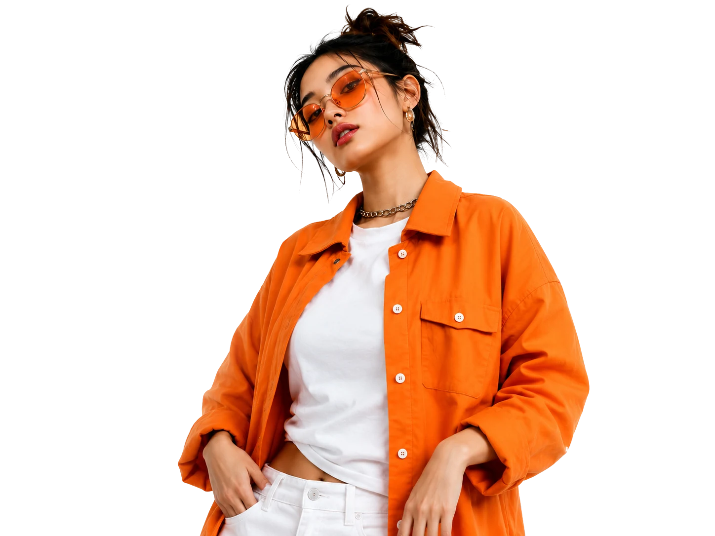 Model wearing orange shirt